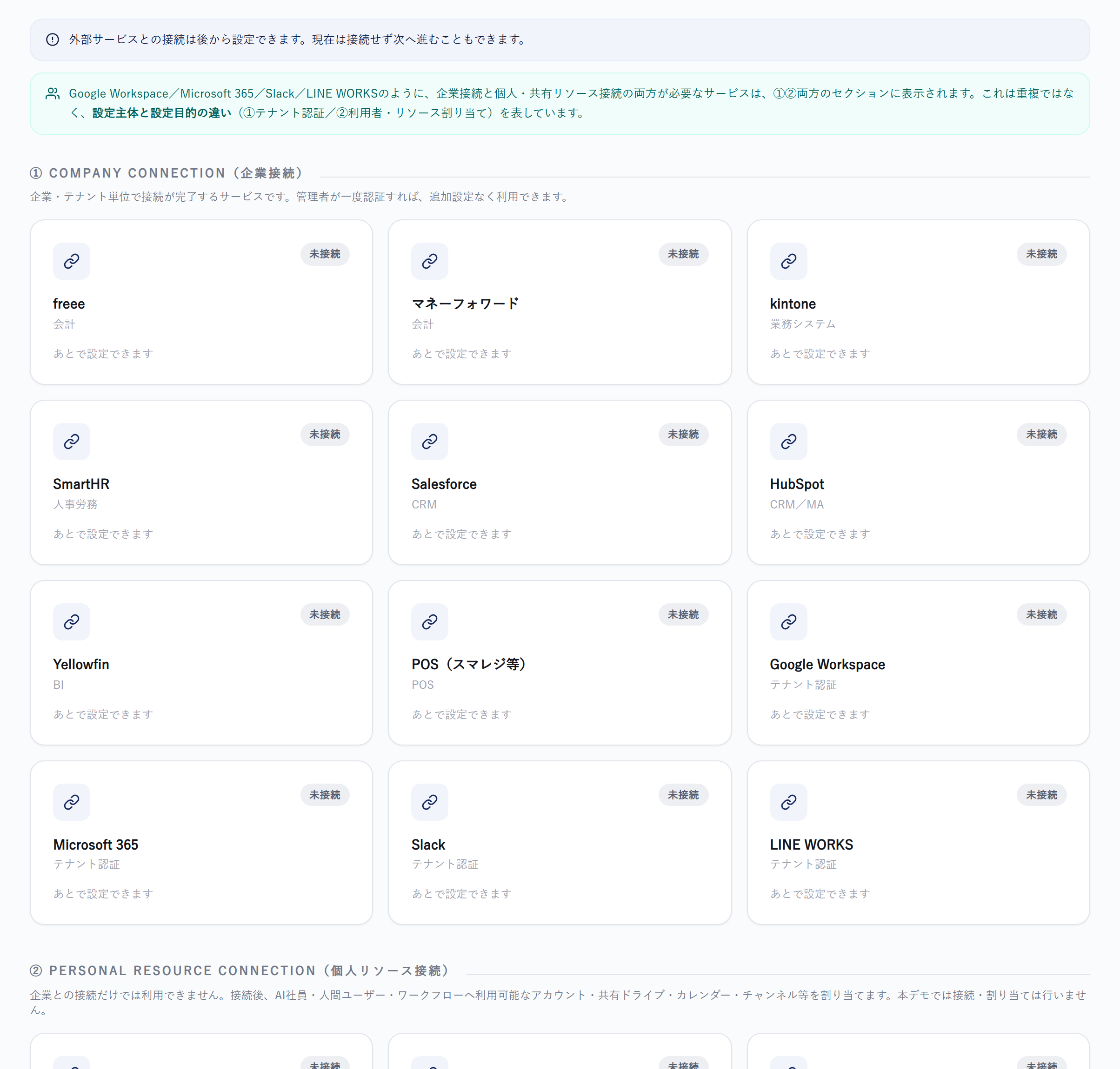 CODATI Integration Hub の画面：会計・CRM・BI・グループウェアなど社内サービスの接続候補一覧（デモデータ）