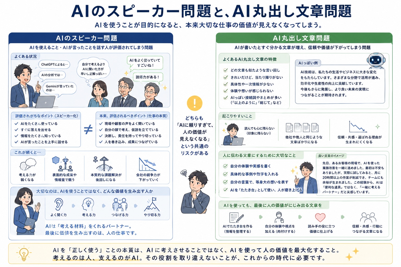 AIを使えること・AIが言ったことを話す人が評価されてしまう「AIのスピーカー問題」と、AIが書いたと分かる文章で信頼や価値が下がる「AI丸出し文章問題」を対比し、いずれもAIに頼りすぎて人の価値が見えなくなるリスクを示した図