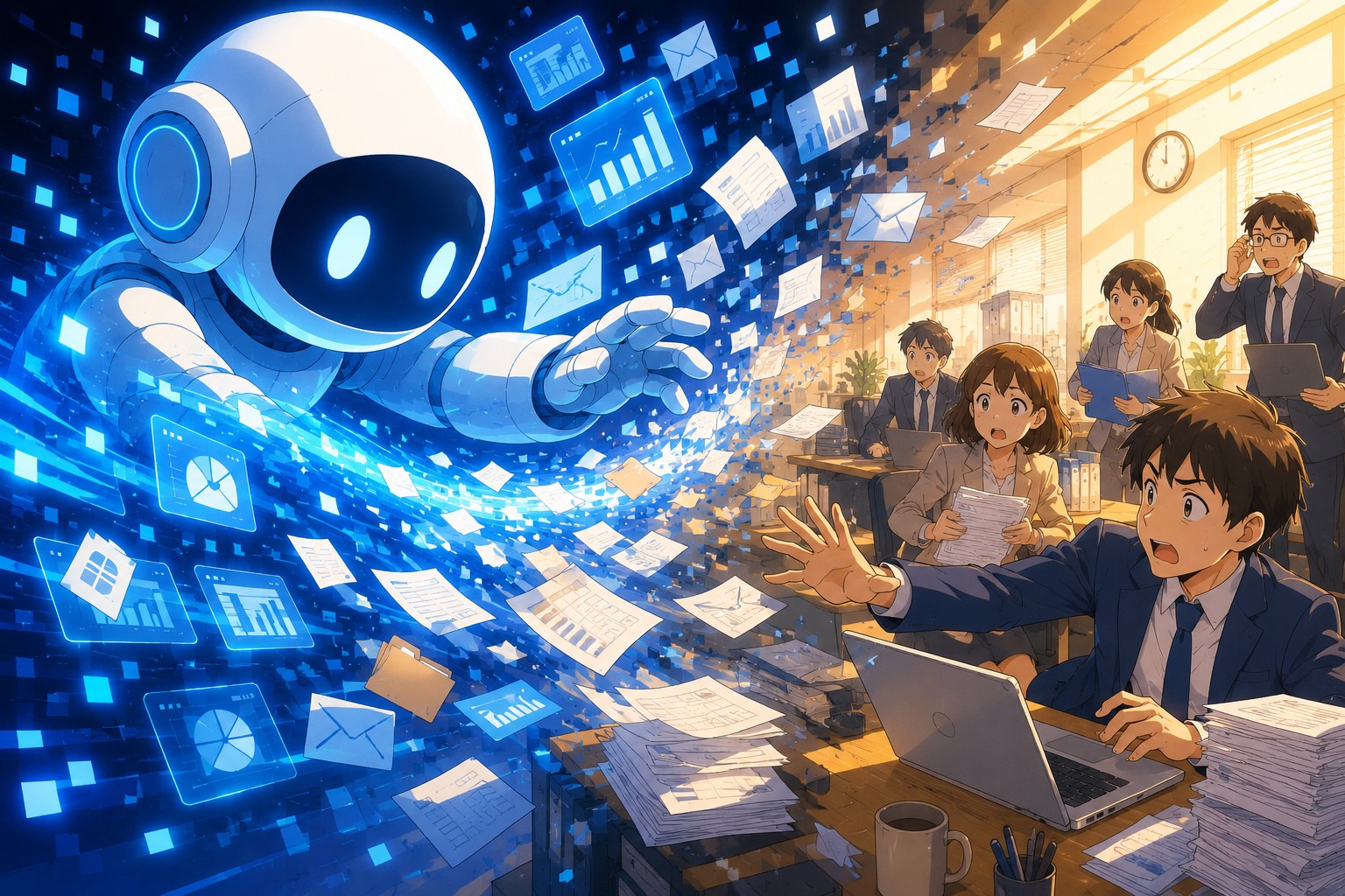 大量の文書やデータをAIが処理し、変化に向き合うオフィスの人々を表現したイメージ